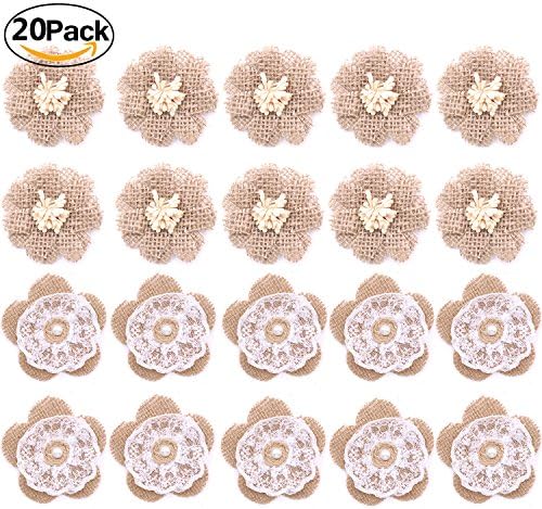 Handmade Burlap Lace Flower Burlap Rose with Pearl for DIY Craft Making and Home Wedding Party Decorations,20 Pieces, Two Style