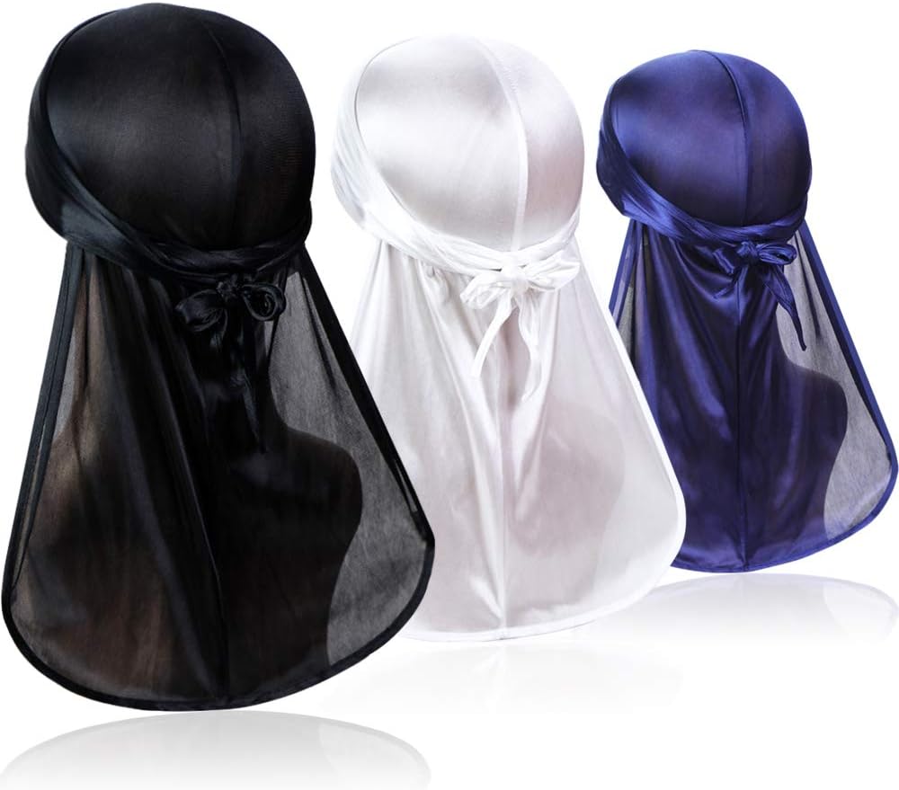 3 Pieces Soft Durag Headwraps with Extra Long Tail and Wide Straps for 360 Men Waves