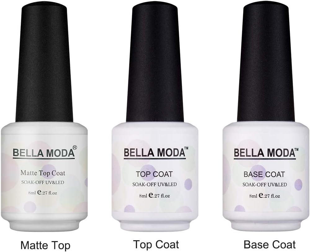 BELLA MODA Matte Top Coat and Base Coat No Wipe Top Coat Set Nail Gel Soak Off Gel Nail Polish 8ml 3Pcs Kit