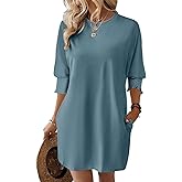 Dokotoo Womens Dresses 2025 Spring 3/4 Sleeve Fashion Dresses Crewneck Casual Mini Dress with Pockets S-XL