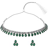 Aheli Silver Plated Green Synthetic Stone Studded Choker Necklace Stud Earrings Ethnic Jewellery Set Gift for Women