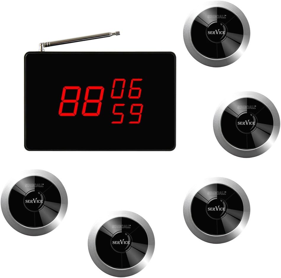 SINGCALL Wireless Restaurant Service Call System, Wireless Pager System 1 Screen Display and 5 Call Buttons for Restaurant/Bar/Hospital