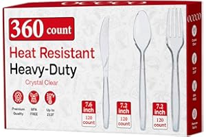 Extra Large 7.6 Inch Silverware Set - 360 Heavy Duty, Heat Resistant, Disposable Plastic Cutlery - 120 Forks, 120 Spoons, 120