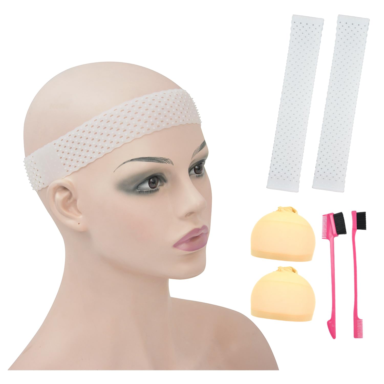 2 Pcs Breathable Silicone Wig Band Non Slip Elastic Grip Headbands With Stocking Caps and Hairbrush for Fixed Wigs (White) โ image 1