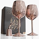 vaanshie 17oz Stainless Steel Wine Glasses | Gift for Valentines Day [Set of 2]–Rose Gold Royal Goblets with Intricate Baroque Engravings, Unbreakable and Shatterproof Wine Cups with Bottle Stopper