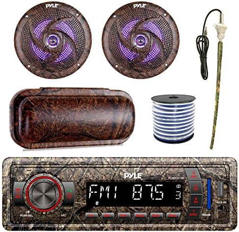 Pyle Marine Single-DIN Bluetooth MP3 USB AUX Camo AM/FM Radio, Pyle 6.5" Waterproof Camo 240 Watt LED Speakers (Pair), Stereo Shield Cover, Enrock Camouflage Boat Antenna, 18-G 50 Ft Wire