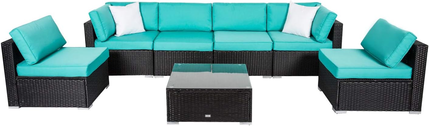 Amazon Com Kinbor 7 Pc All Weather Black Rattan Wicker Sofa Set Garden Patio Furniture Sectional Sofa Cushioned Outdoor Conversation Set Garden Outdoor