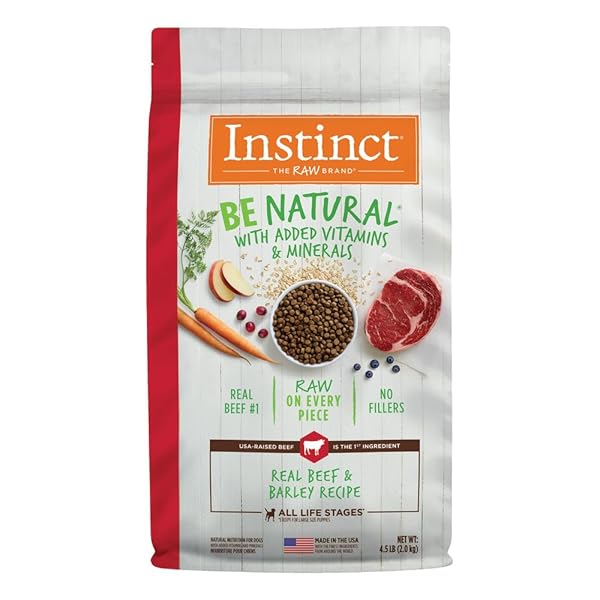 INSTINCT BE NATURAL, NATURAL DRY DOG FOOD, RAW COATED KIBBLE – REAL BEEF & BARLEY, 4.5 LB. BAG