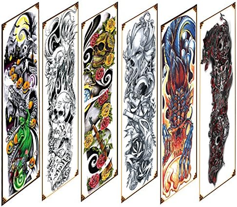 Full Arm Temporary Tattoo, FANZY 6 Sheets Waterproof Large Fake Tattoos Black Body Stickers for Men and Women