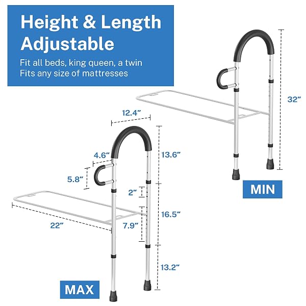 BED RAILS FOR ELDERLY ADULTS SAFETY WITH STORAGE POCKET, DUAL HANDLE GRAB BARS HEIGHT ADJUSTABLE BED RAIL BED ASSIST BAR BED RAILS FOR SENIORS – EASY TO GET IN OR OUT OF BED SAFELY WITH FLOOR SUPPORT