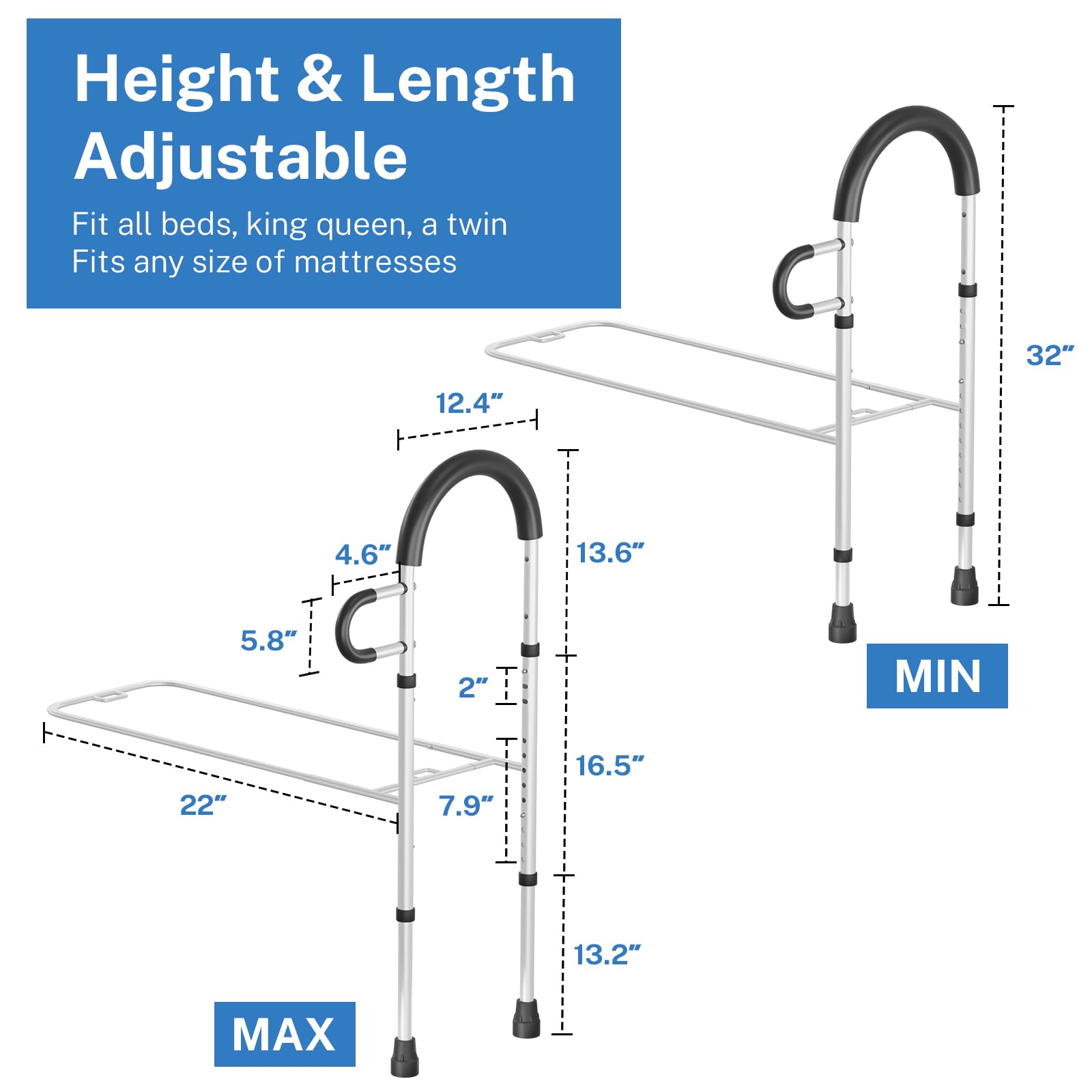 Bed Rails for Elderly Adults Safety with Storage Pocket, Dual Handle Grab Bars Height Adjustable Bed Rail Bed Assist bar Bed Rails for Seniors - Easy to Get in or Out of Bed Safely with Floor Support
