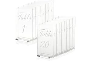 FVIEXE 20PCS Acrylic Wedding Table Numbers 1-20 with Stands, 4x6 inches Clear Table Numbers for Wedding Party Reception Sign Place Number Cards Printed Calligraphy Font for Event Banquet Anniversary