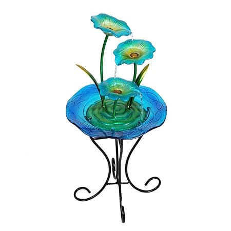 Wonderland 3 Blue Flower Glass & Metal Fountain With Stand & Motor (Home Decor, Fountain, Gifting)