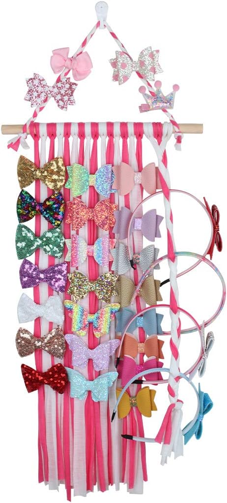 XIMA Hair Bow Holder for Girls,Hair Clips Storage Organizer,Hanger Headbands,Home Décor for Kids Room (White+Hot Pink)