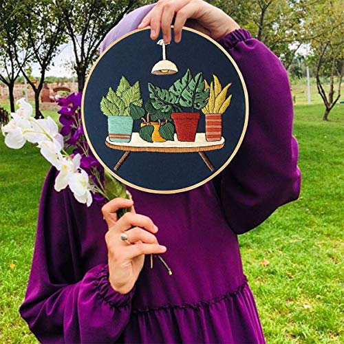 Embroidery Starter Kit with Pattern, Mikimiqi Full Range of Stamped Embroidery Kit Including Embroidery Cloth with Floral Pattern, Bamboo Embroidery Hoop, Color Threads and Tools Kit (Night Plant) - Thumbnail 3