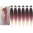 Newluyang Ombre Pre Stretched Braiding Hair Extensions,three Tone Color 26inch 6 packs Professional Hot Water Setting Yaki Synthetic Fiber Crochet Braids(Black-Purple Red-Blonde/1b-Purple Red-613)
