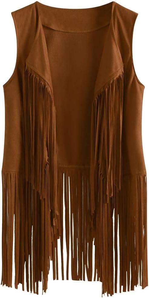 Fringe Vest for Women Suede Faux Tassels Vest 70s Ethnic Winter Open-Front Sleeveless Vest Western Cowgir Tops