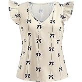 winkbay Women's Summer Bow Print Ruffle Sleeve Blouse Elegant V Neck Work Office Shirts