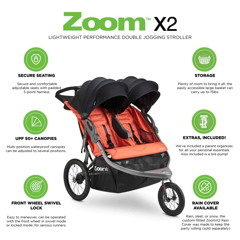 Joovy Zoom X2 Lightweight Performance Double Jogging Stroller Featuring Extra-Large Pneumatic Tires with Air Pump Included, Locking and Swiveling Front Tire, and Easy One-Handed Fold, Paprika