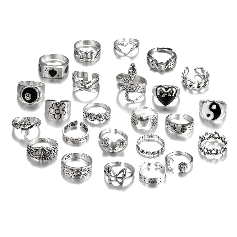 TOFBS Vintage Silver Punk Rings Set - Men & Women Chunky Knuckle, Emo, Stackable Animal, Goth, Boho Y2K Ace, Butterfly, Snake Skull, Heart, Flower Rings (24 Pcs)