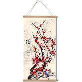 Plum Bossom Chrysanthemum Bamboo Orchid Painting ,Wall Art for Living Room Bedroom,Chinese Traditional Meticulous Painting,Posters and Printing,Fixed Wooden Hanging Scroll (Plum Blossom, 16&rdquo;x32&rdquo;)