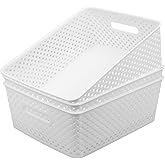 MaxGear Organization and Storage 3 Packs, Plastic Bins Organizer Bins, Woven Baskets for Storage, Plastic Baskets with Handles, White Basket for Organizing, Basket Organizer for Home and Office, Large