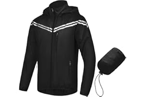 CREATMO US Men's Packable Waterproof Running Rain Coats Reflective Cycling Jacket Windbreaker With Removable Hood