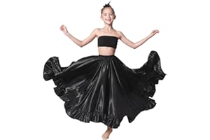 SANCAN Long Mexican Folklorico Dance Practice Performance Skirt for Girls (Height 4'6" to 5'1"), Ankle-Length Ruffle Style