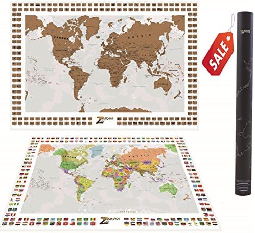 Scratch off world map personalized with country flags and states US, CA, BR and AU. Scratch off places you travel map print. Big size 35,4x23,6 inch by ZAMYKA