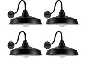 Diyel Dusk to Dawn Gooseneck Barn Lights Outdoor, 16 Inch Dome Large Farmhouse Exterior Light Fixture Wall Mount, Industrial Outdoor Wall Sconce Outside for House, Shop, Porch, Garage,DDRZ020 BK-4PACK