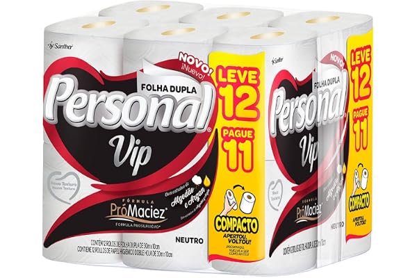 Personal VIP - Papel Higiênico, Folha Dupla, 12 unidades (Embalagem pode variar)
