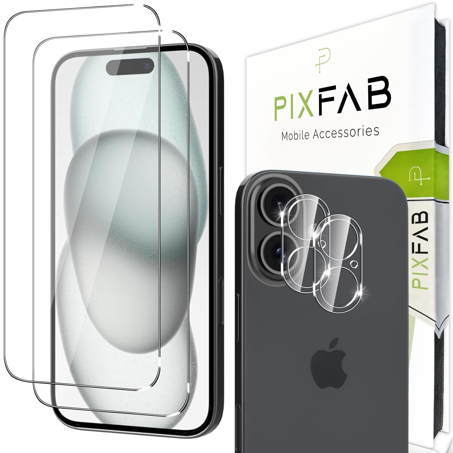 PIXFAB Screen Protector for iPhone 16 Tempered Glass + Camera Lens Protector, [4 in 1], 9H Anti Scratch and Anti Shatter Film, [Case Friendly] HD Clear Premium, [2 Pack each]