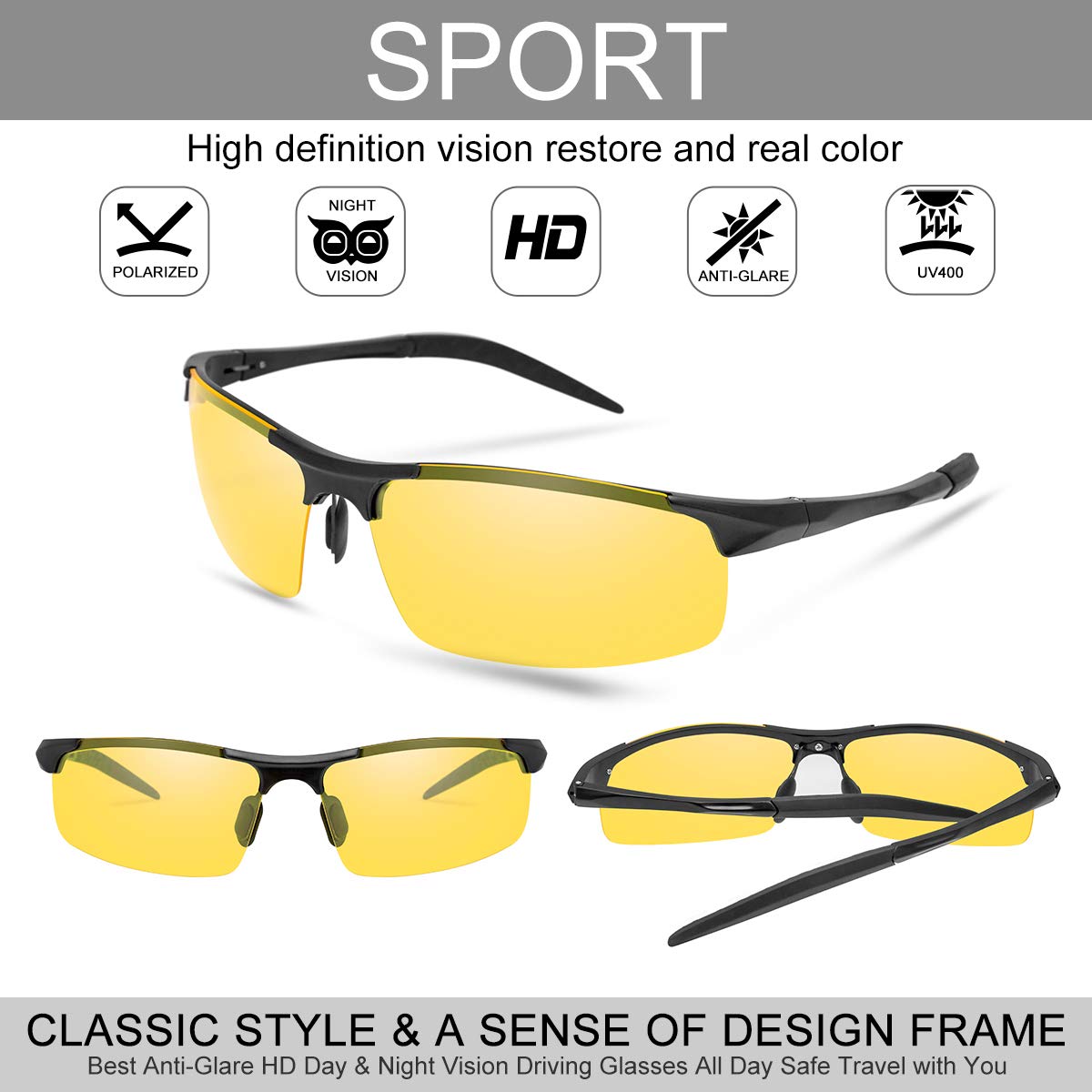 Surenue night driving glasses anti glare sport polarized Yellow Tint Polycarbonate Lens Safety Sunglasses Men Women (Black-YS)