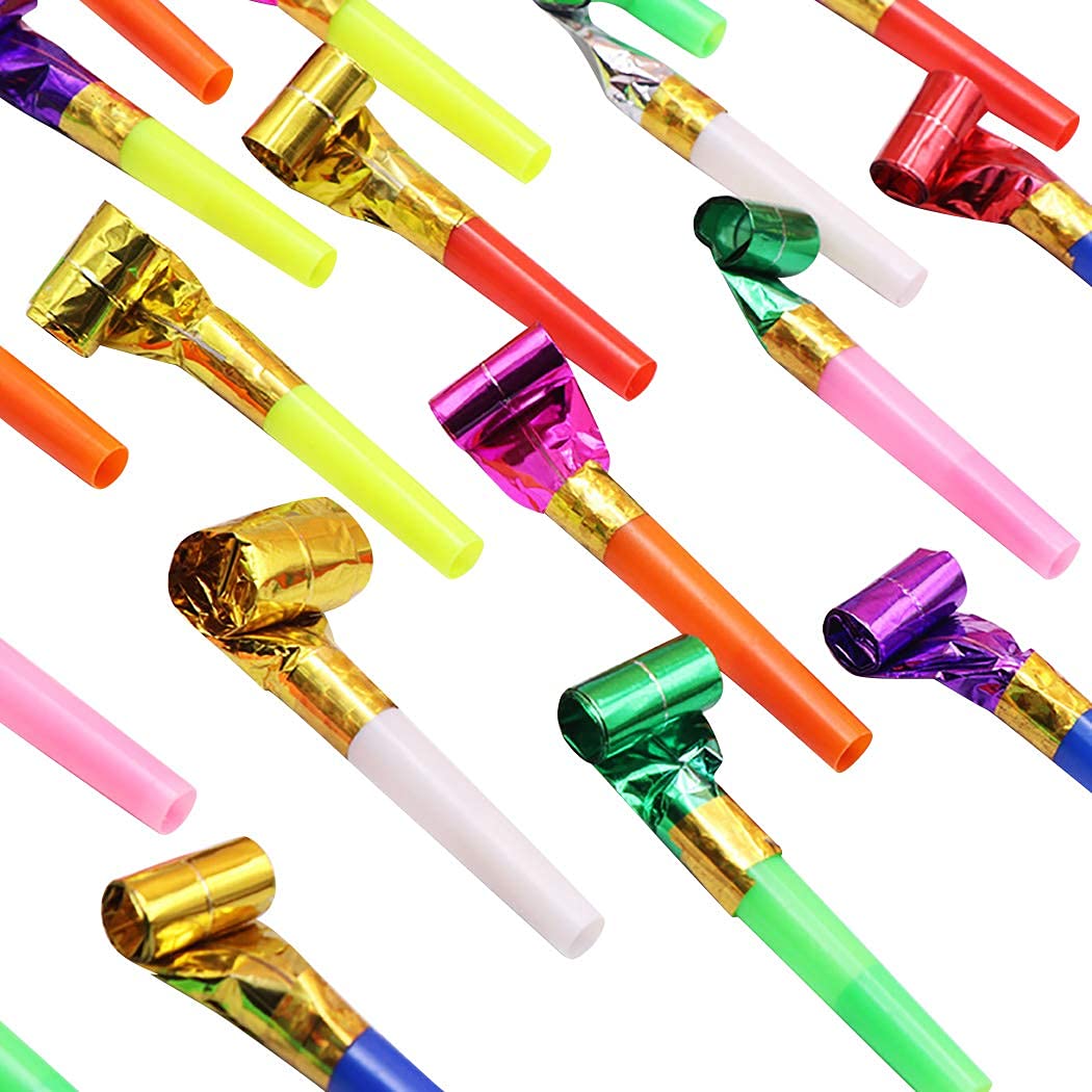 SOL 40pk Party Blowers for Party Bags Fillers for Kids, Assorted Colours Party Blowers, Durable Paper & Plastic Mouthpieces Noise Makers for Birthdays, New Year’s, Weddings, & Kids’ Celebrations