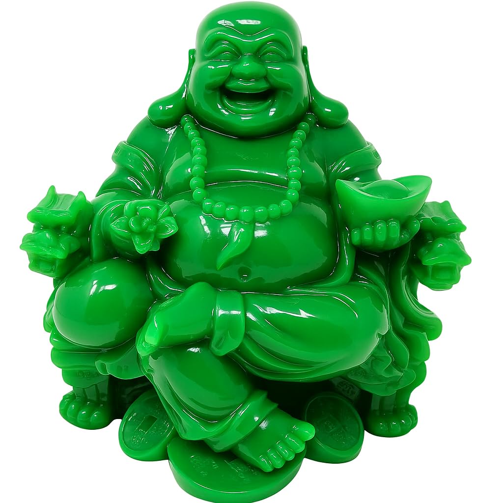 Laughing Buddha Statue Green Resin 20x18cm Feng Shui Prosperity Figurine Sitting Buddha Holding Gold Ingot and Wealth Bag Decorative Ornament for Home Office Meditation Shelf Spiritual Decor JR1458
