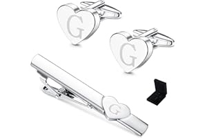 Sanfenly Cufflinks and Tie Clip for Men Set, Unique Heart Initial Cuff Links and Tie Bar Clip Personalized Alphabet Letter A-Z Cuff Links/Tie Clip Set with Box Anniversary Groomsmen Gift