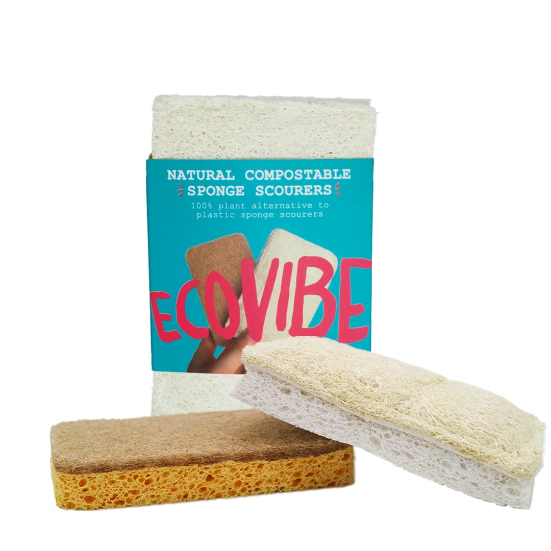 Ecovibe Plastic-Free Sponge Scourer Duo Pack - Eco-Friendly & Naturally Made - Highly Absorbent, Reusable & Long Lasting - Non-Scratch & Multipurpose - Includes 2x Sponge Scourers