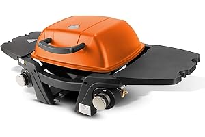 Kukoofyer Gas Grill Portable Propane Grill, Tabletop Grill Propane, 12,000 BTU Outdoor BBQ Grill Camping Grill with Two Burners, Removable Side Tables, Built in Thermometer, Orange