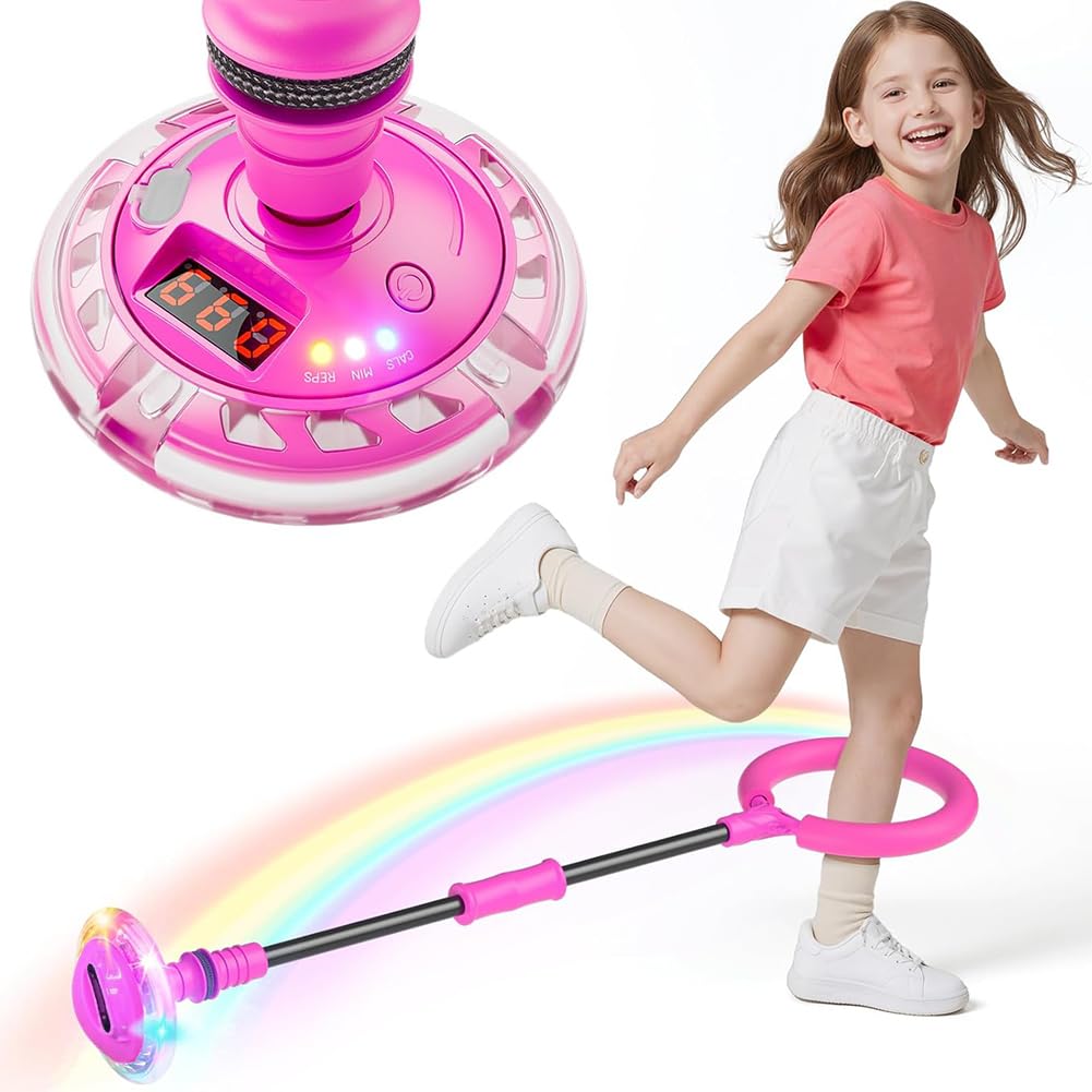 HATFRYF Ankle Skip Ball for Kids with Counter, Timer, Flash Wheel Skip Balls, Girl Birthday Gifts for Age 5 6 7 8 9 10+, Rechargeable Foldable Sports Toy Skip it Toy for Kids Xmas Present Pink