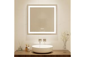 BuLife 32 X 32 Inch Square LED Bathroom Vanity Mirror, 3 Colors Light Dimmable, Wall Mounted Memory Lighted Makeup Mirror with Anti-Fog Touch Switch (Front-lit&Backlit)