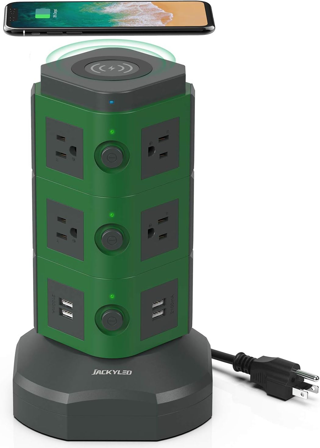 JACKYLED Power Strip Wireless Charger Surge Protector Tower with 4 USB Ports and 13A