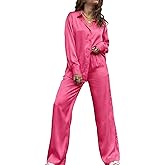 Ekouaer Womens Satin Silky Pajama Set 2 Piece Print PJs Soft Loungewear Button Down Sleepwear with Elastic Waist Long Pants