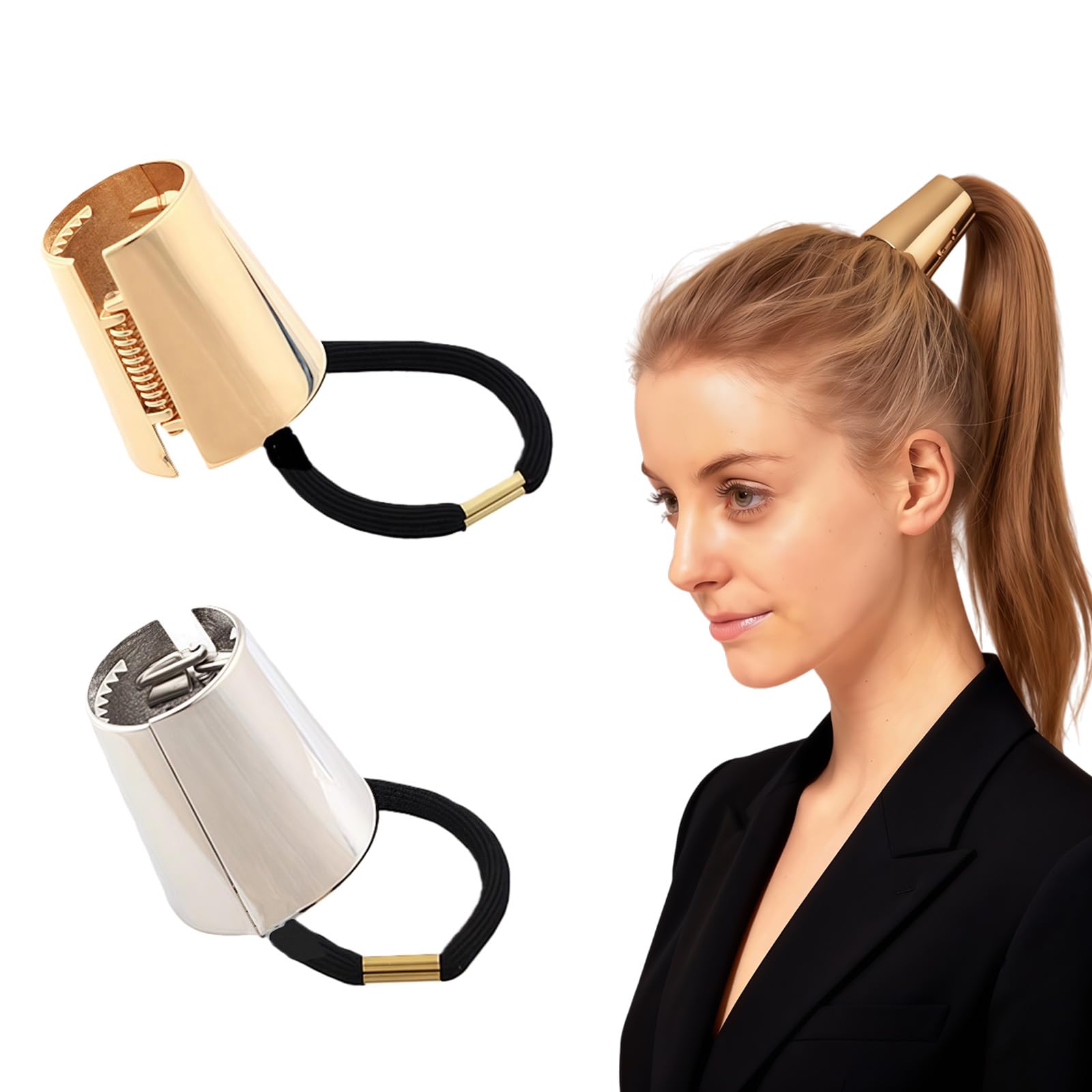 2Pcs Metal Circle Hair Cuff Elastic Hair Band Ponytail Holder Punk Hair Rope Accessories for Women Girls (Gold + Silver)