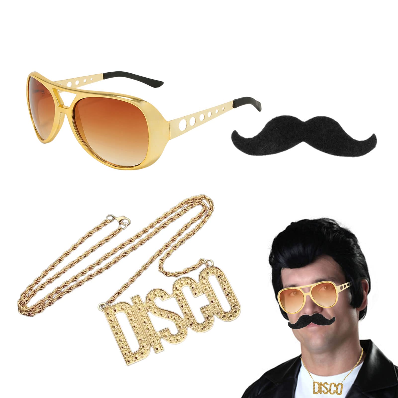 VIKSAUN 3 Pcs Hip Hop Costume Kit, 80s 90s Hippie Costume Cool Rapper Outfits Accessories, Sunglasses Disco Necklace Fake Mustache, for Women Men Rapper Fancy Dress Carnival Accessories (3 Pcs)