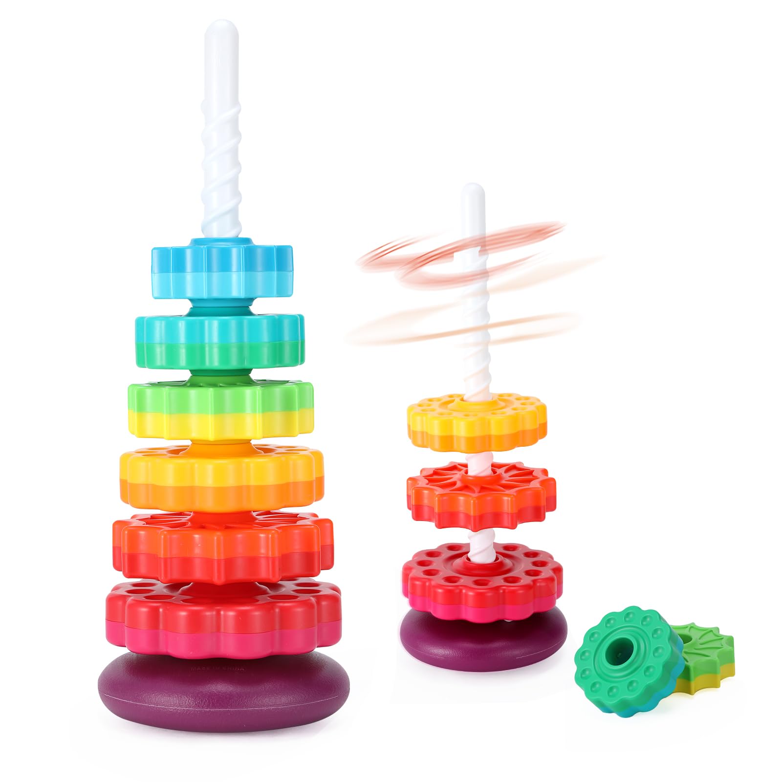 Riuja Baby Spinning Stacking Toys, 1-3 Rainbow Ring Stacker Montessori Toys for Babies, Sensory Toys for Toddlers, Christmas and Birthday Gifts Suitable for Boys and Girls (16 inches)