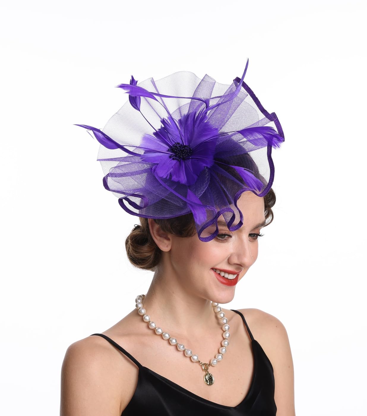 Fascinator Feather Mesh Net Veil Party Flower Derby Hat with Clip and Hairband for Women (A1-Large Mash Purple)