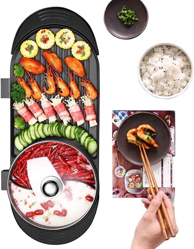 CHENJIU BBQ Grill And Hot Pot 2 In 1, Indoor Smokeless Tabletop Barbecue Grill,1800W,With Non-Stick Surface Cooker