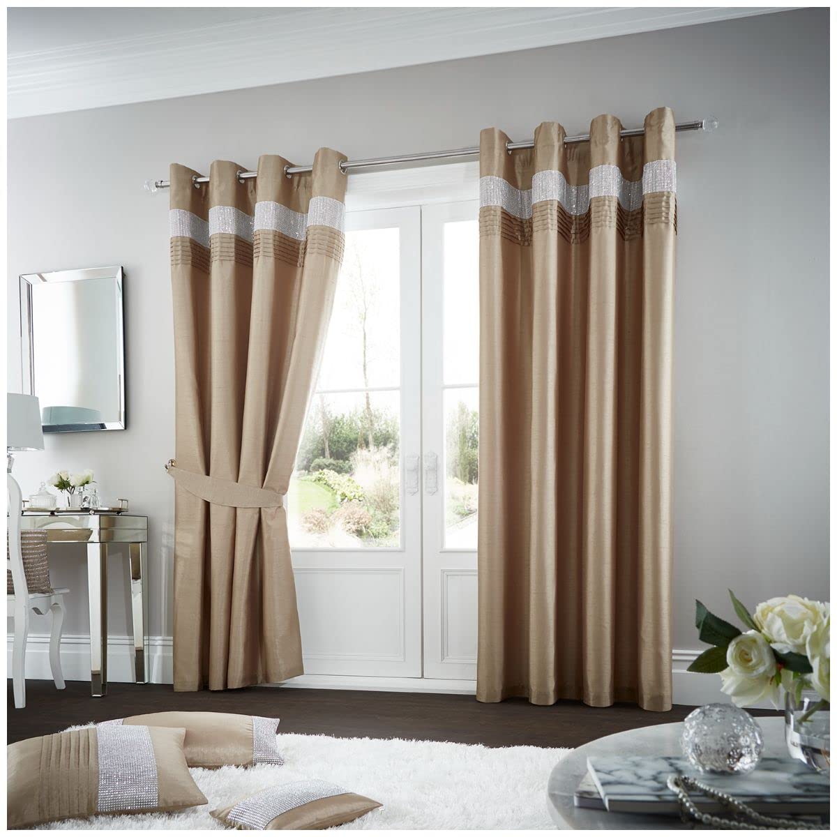 GC GAVENO CAVAILIA Oxy Eyelet Latte, 100% Polyester Luxury Ring Top Drapery with Matching Tie Backs, Easy Care Window Treatment, 90"x90" Curtain