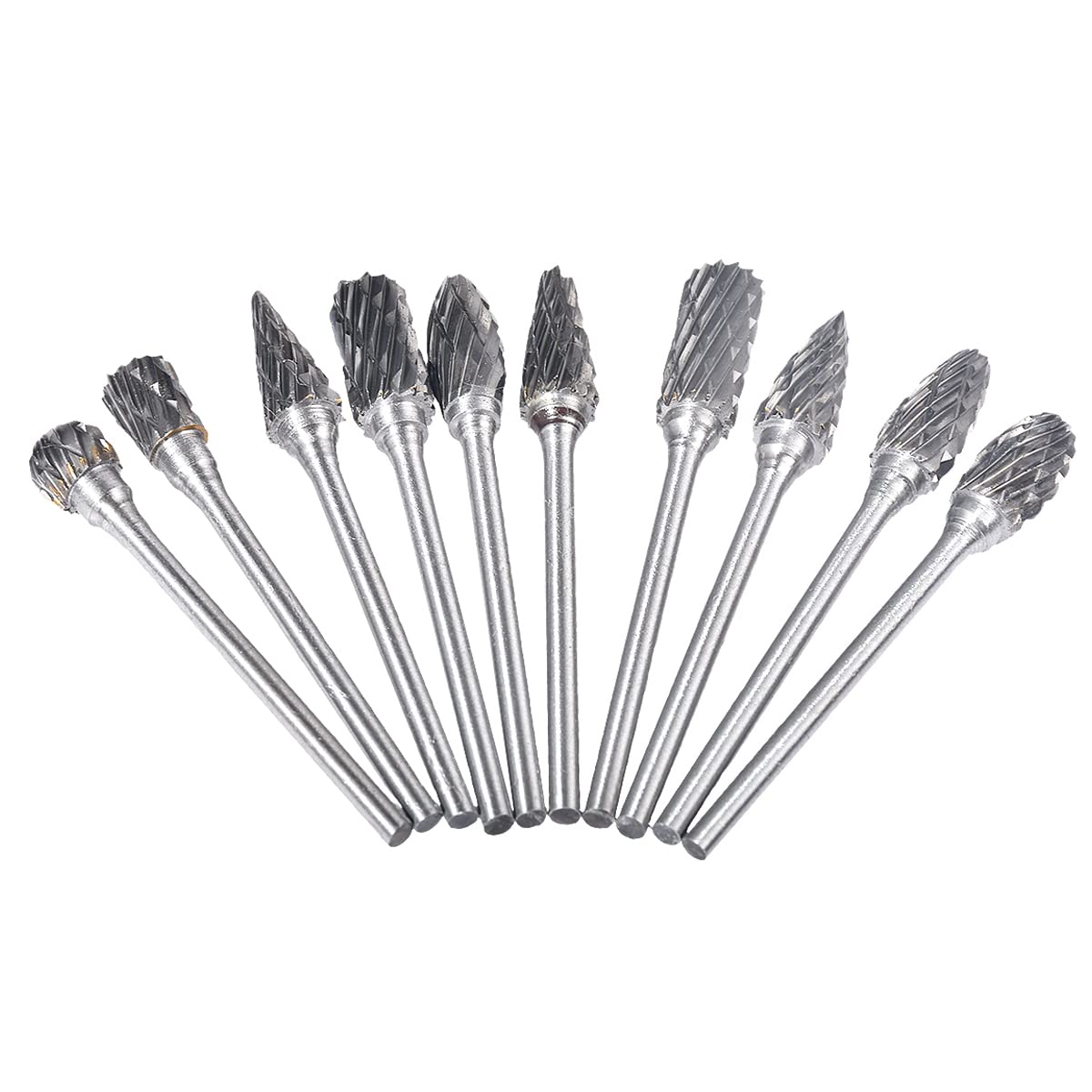Photo 1 of 10 Pieces Double Cut Tungsten Steel Solid Carbide Rotary Burrs Set with 1/10"(2.35mm) Shank Twist Drill Bits For Dremel Rotary Tools By HOHXEN