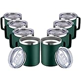 MEWAY 12oz Coffee Mug With Handle and Sliding Lid,Stainless Steel Travel Tumbler Cup with Handle,Double Wall Vacuum Insulated Camping Cup for Hot & Cold Drinks Tea (Forest Green,Set of 8)